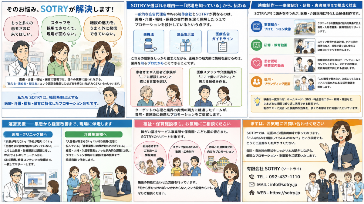福岡で医療の映像制作や医院の運営支援ならプロモーション会社Planning Office Keiz。医療・介護・福祉・保育に特化しており､事業紹介や研修などの映像制作､集患や診療などの医療の運営支援、経営や人材、入居者募集などの業務改善に課題をお持ちの介護施設様などお気軽にご相談ください